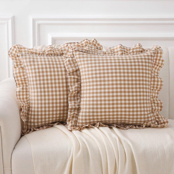 2 PACK TAUPE WHITE PLAID RUFFLE GINGHAM THROW PILLOW COVERS 100 WASHED COTTON CHECKERED FALL DECORATIVE FARMHOUSE PILLOW SHAMS 18X18