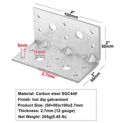 MOUNTAIN_ARK 10 Pack L Right Angle Bracket, Corner Braces with Reinforcing Rib, 2" x 2" x 4", Galvanized Steel - Image 2