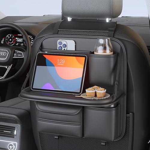 DURASIKO Car Backseat Organizer with Foldable Table Tray,Hanging Storage Bag with Touch Screen Phone Holder,Premium PU Leather Material,Compatible with Most Vehicles,Inner Car Accessories - Image 1