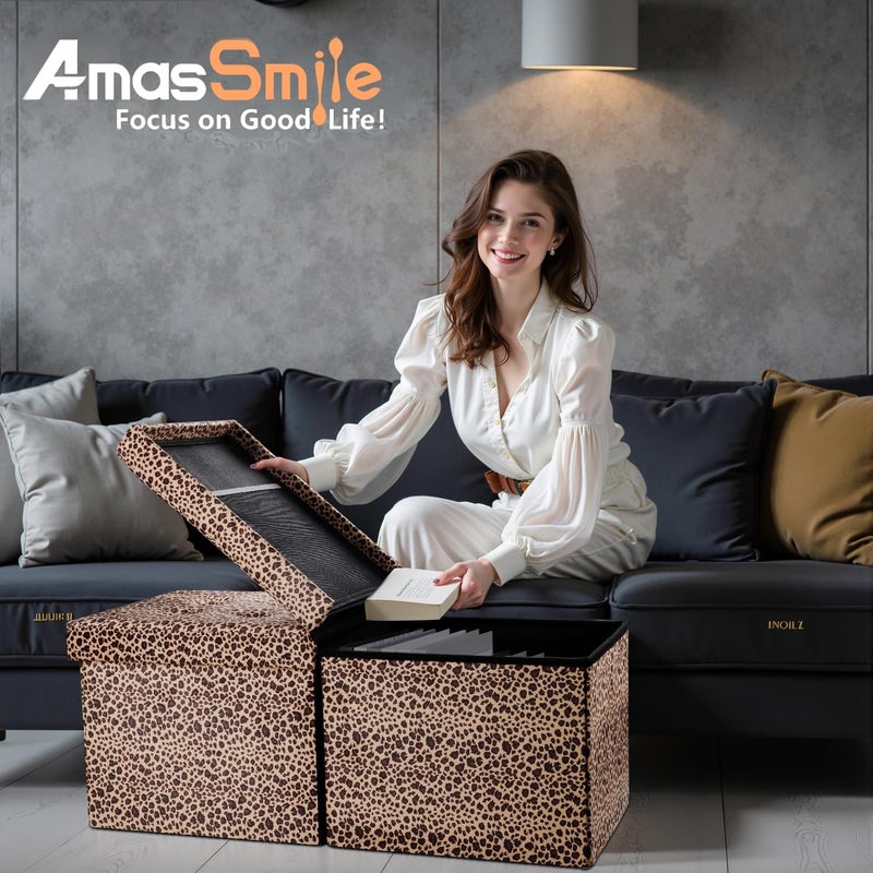 AmasSmile أماس سمايل - مقعد قدم مع تخزين، مقعد عثماني بطول 34 بوصة بنقشة الفهد ومصنوع من المخمل، طاولة قهوة، مقعد مبطن، صندوق تخزين، وخزانة بطانية بغطاء قابل للقلب لغرفة المعيشة وغرفة النوم - Image 2