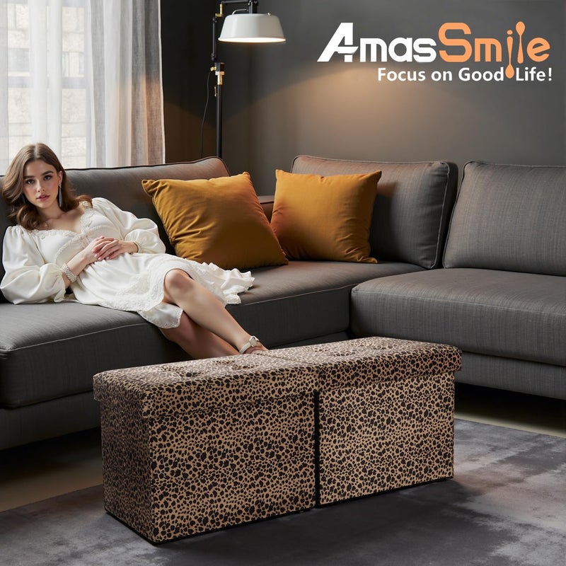 AmasSmile أماس سمايل - مقعد قدم مع تخزين، مقعد عثماني بطول 34 بوصة بنقشة الفهد ومصنوع من المخمل، طاولة قهوة، مقعد مبطن، صندوق تخزين، وخزانة بطانية بغطاء قابل للقلب لغرفة المعيشة وغرفة النوم - Image 5