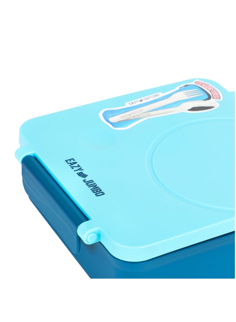 Eazy Kids صندوق غداء بنظام التحويل 3/4 للأطفال سهل الاستخدام سعة 1600 مل مع وعاء صلصة غير قابل للتسرب سعة 290 مل، مجموعة ملعقة وشوكة مع حقيبة - أزرق - Image 3
