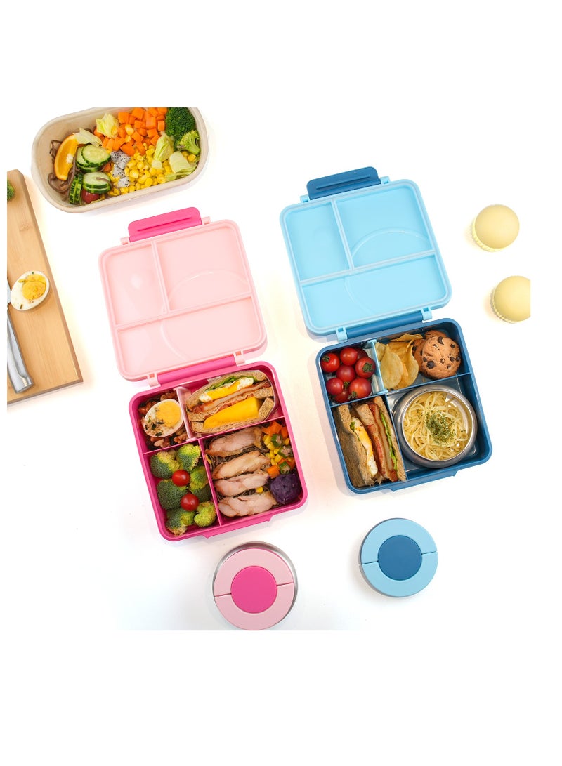 Eazy Kids صندوق غداء بنظام التحويل 3/4 للأطفال سهل الاستخدام سعة 1600 مل مع وعاء صلصة غير قابل للتسرب سعة 290 مل، مجموعة ملعقة وشوكة مع حقيبة - أزرق - Image 4