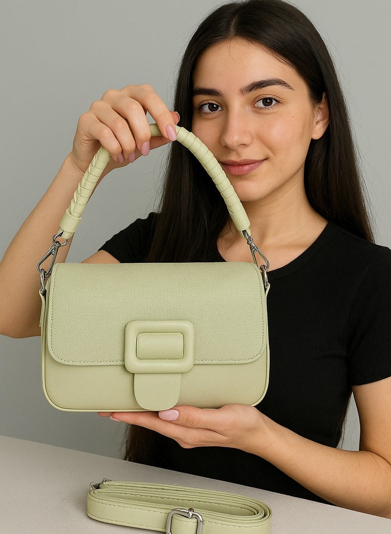 نو برانديد شنطة كتف جلد نسائية بمقبض مضفر – تصميم أنيق وعصري للاستخدام اليومي والمناسبات - Image 1