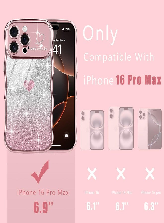 Teageo جراب Teageo لهاتف iPhone 16 Pro Max للنساء والفتيات، بتصميم أنيق ومموج على شكل قلب، مزين ببريق لامع، لحماية الكاميرا، فاخر ومتألق، مقاوم للصدمات، شفاف، بلون وردي. - Image 2