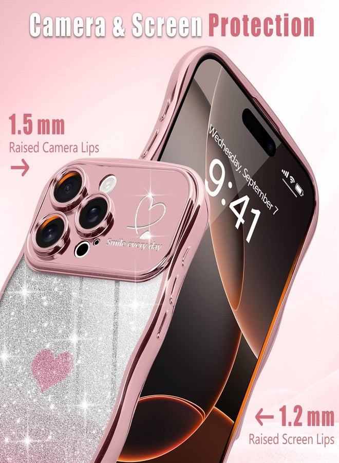 Teageo جراب Teageo لهاتف iPhone 16 Pro Max للنساء والفتيات، بتصميم أنيق ومموج على شكل قلب، مزين ببريق لامع، لحماية الكاميرا، فاخر ومتألق، مقاوم للصدمات، شفاف، بلون وردي. - Image 3