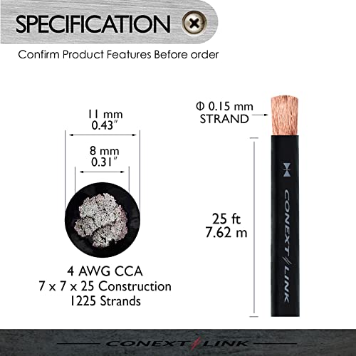 Conext Link 25 ft Black 4 Gauge Amplifier Power Ground Wire 25 Feet 4 GA AWG Amp Cable Roll - Image 3
