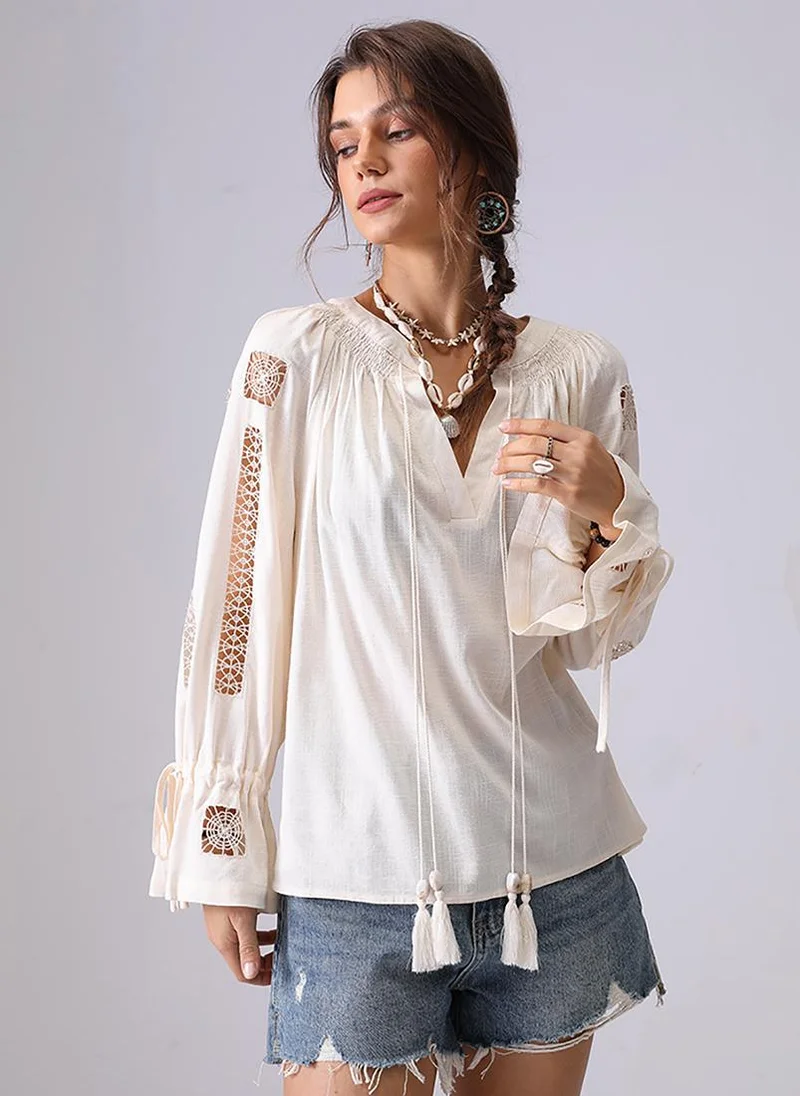 يونيكي Apricot V-Neck Long Sleeves Boxy Top