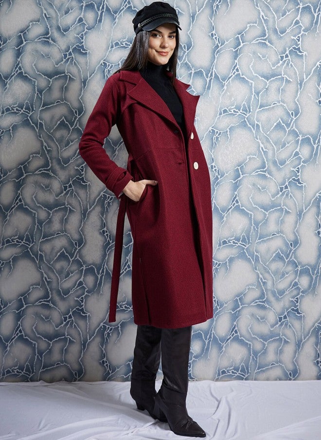 Athena Maroon Woollen Trench Coat for Women - Image 3