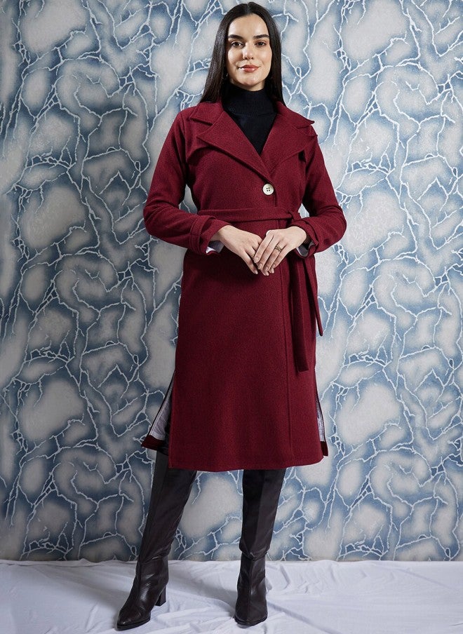 Athena Maroon Woollen Trench Coat for Women - Image 1