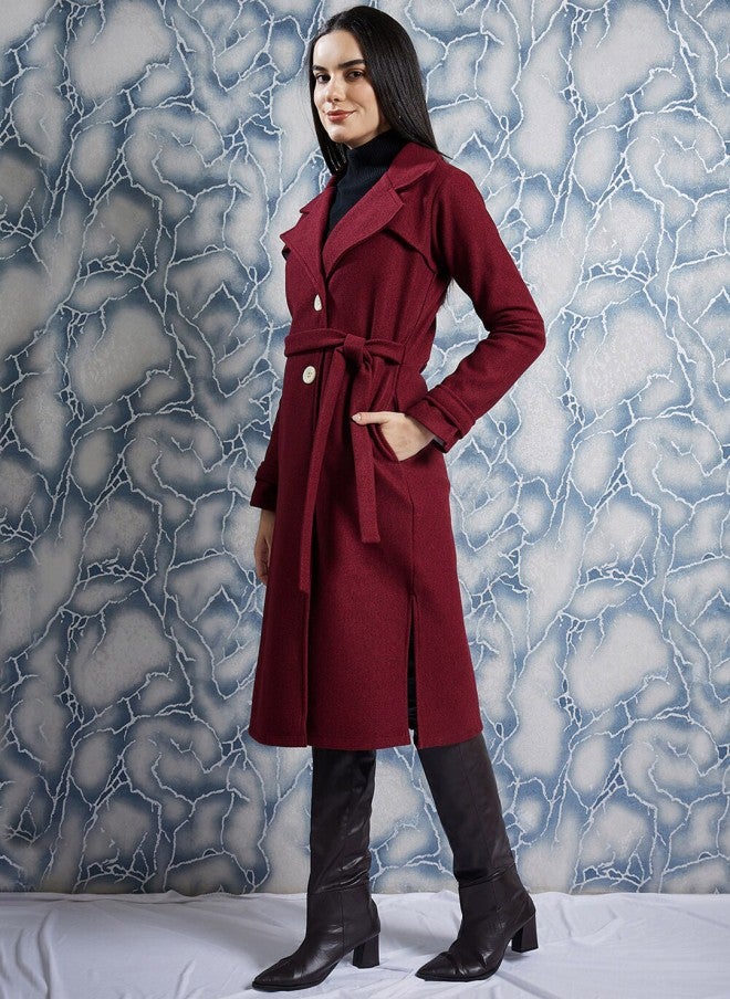 Athena Maroon Woollen Trench Coat for Women - Image 4