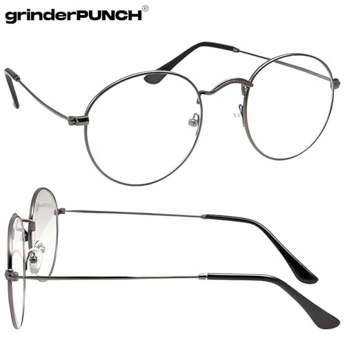 grinderPUNCH Retro Round Clear Lens Glasses Metal Frame - Gunmetal - Image 2