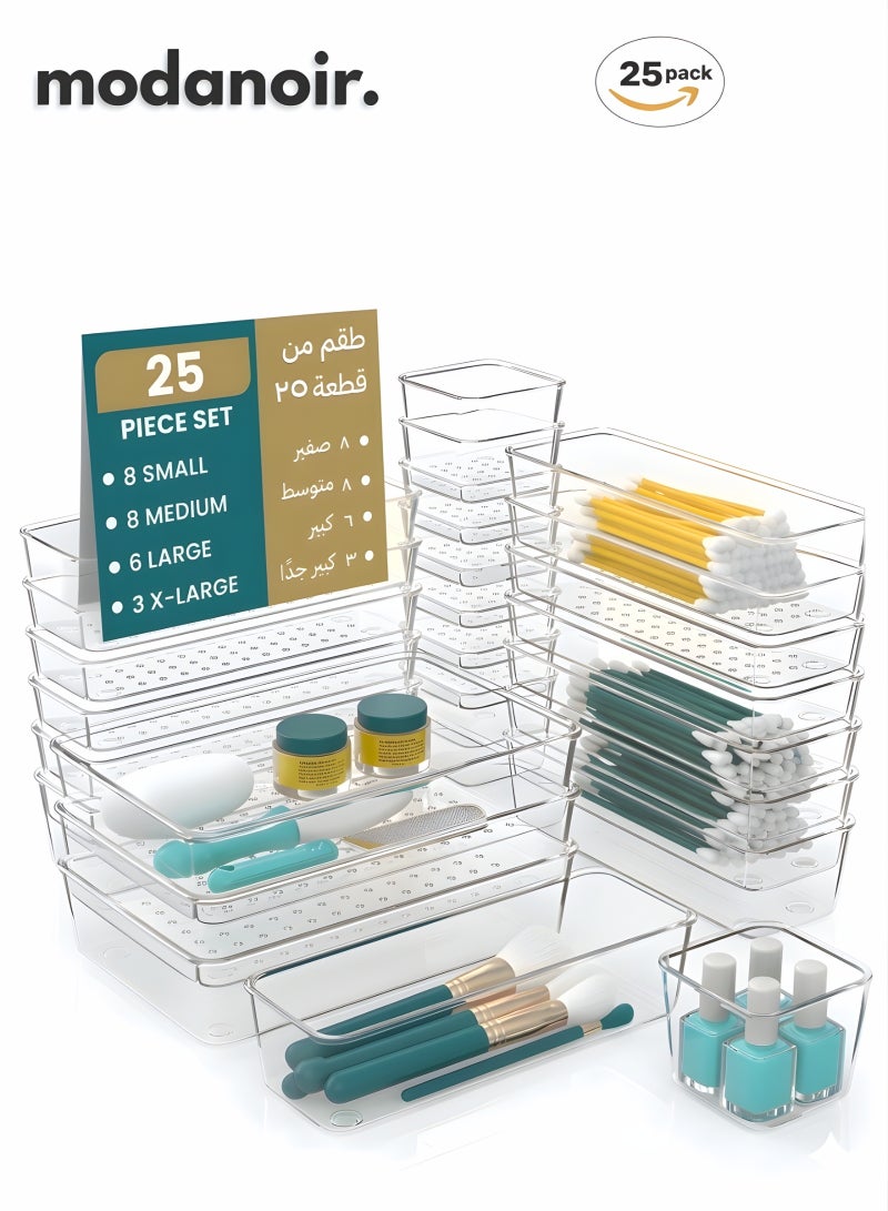 MODANOIR 25 PCS Clear Plastic Drawer Organizers Set 4 Sizes Storage Trays for Kitchen Utensils Makeup Bathroom Vanity Office Desk and Dresser Drawers Home Organization Daily Use - Image 1