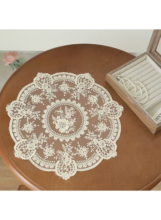 واي جيه مواضع الدانتيل الخلفية، دواسات كروشيت فرنسية دائرية مقاس 13×13 بوصة قوالب زهرية مطروزة رقيقة لطاولة الطعام زخرفة منزلية (باللون البيجي) - Image 1