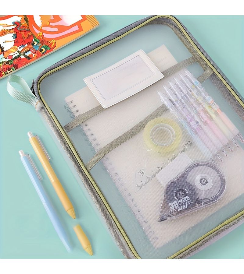A4 Double Layer Nylon Mesh Classification Bag Blue Transparent Student Test Paper Document Book Homework Storage Organizer - Image 5