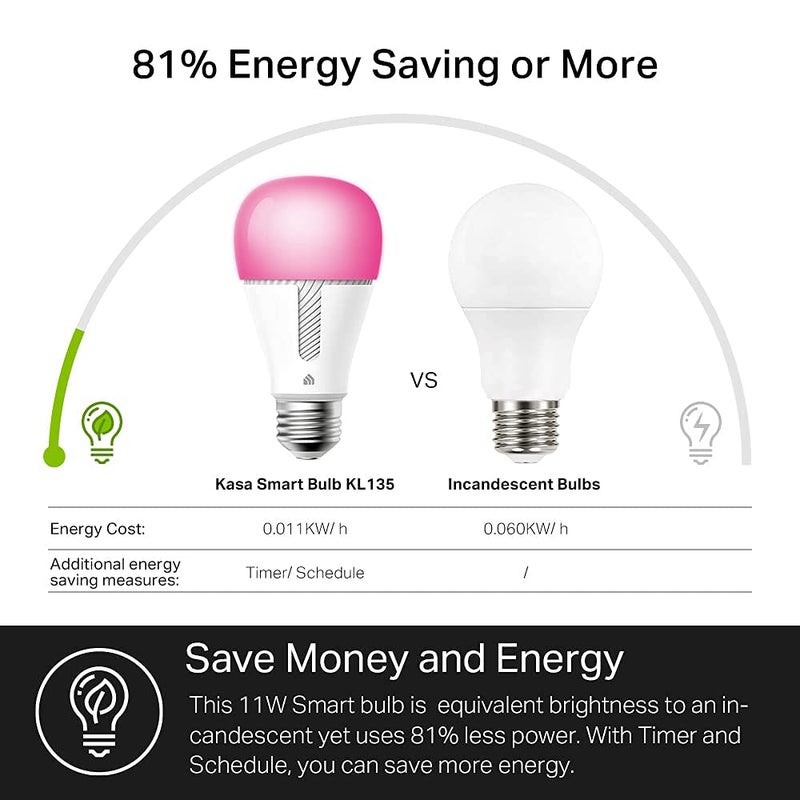 Kasa Smart Bulb, 1000 Lumens Full Color Changing Dimmable Smart WiFi Light Bulb Compatible with Alexa and Google Home, 11W, A19, 2.4Ghz only, No Hub Required (KL135P2), 2-Pack,White - Image 4