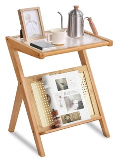 Bamboo Side Table Glass Coffee Table for Small Space Wooden Nightstand Bamboo Accent Bedside Tables with Storage for Living Room and Bedroom
