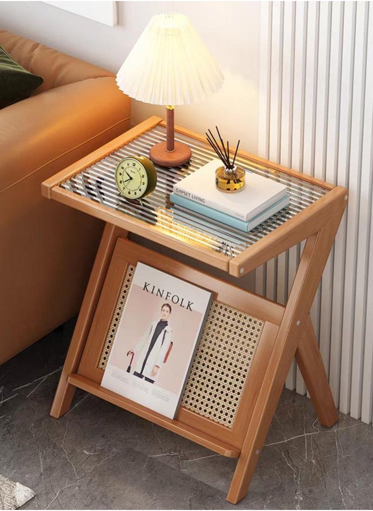 LINGWEI - Bamboo Side Table Glass Coffee Table for Small Space Wooden Nightstand Bamboo Accent Bedside Tables with Storage for Living Room and Bedroom - Image 1