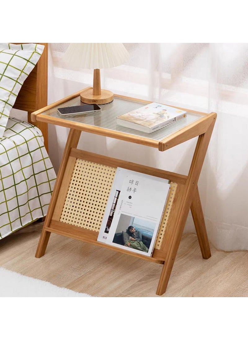 LINGWEI - Bamboo Side Table Glass Coffee Table for Small Space Wooden Nightstand Bamboo Accent Bedside Tables with Storage for Living Room and Bedroom - Image 1
