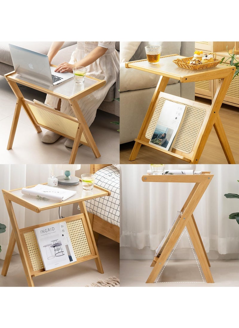 LINGWEI - Bamboo Side Table Glass Coffee Table for Small Space Wooden Nightstand Bamboo Accent Bedside Tables with Storage for Living Room and Bedroom - Image 1