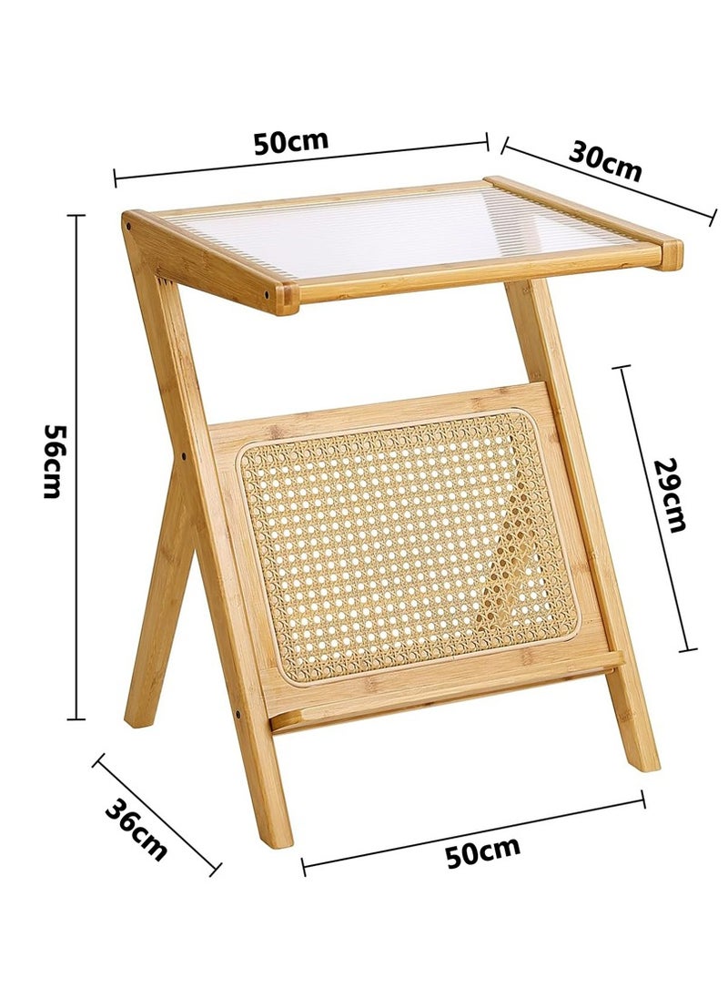 LINGWEI - Bamboo Side Table Glass Coffee Table for Small Space Wooden Nightstand Bamboo Accent Bedside Tables with Storage for Living Room and Bedroom - Image 1