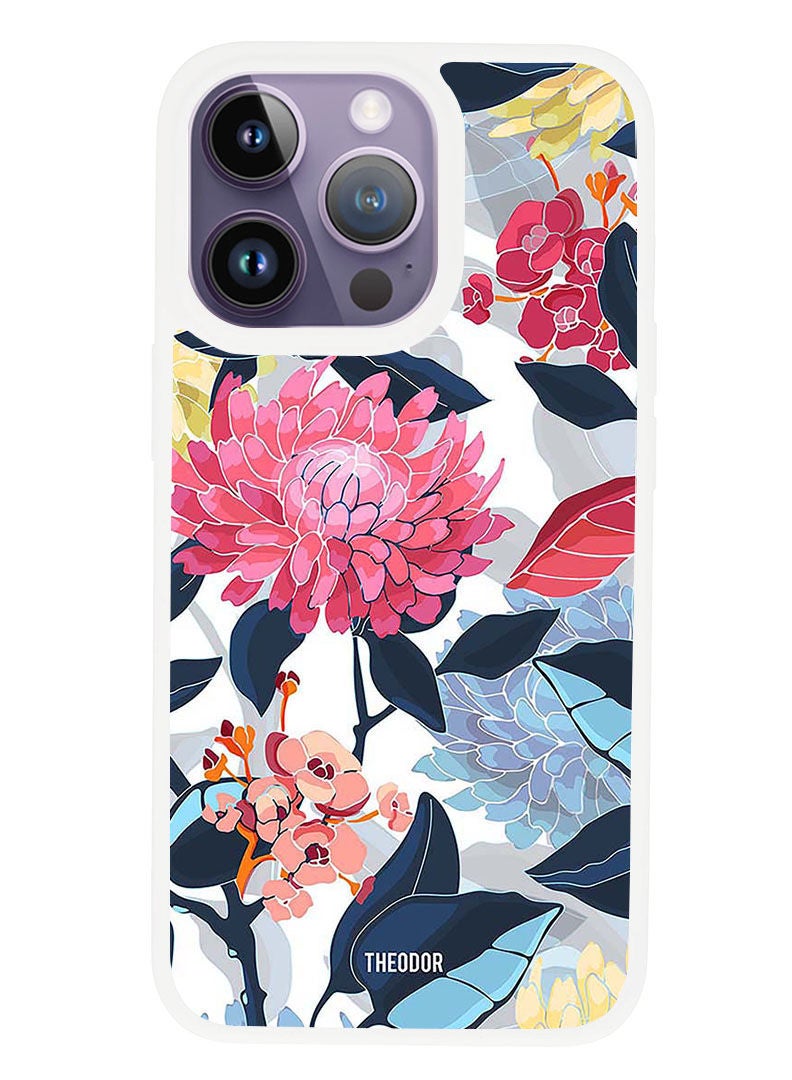 Theodor Protective Case Anti Scratch Shock Proof Cover For APPLE IPHONE 14 PRO Pink Flowers Paint (White Bumper) - Image 1