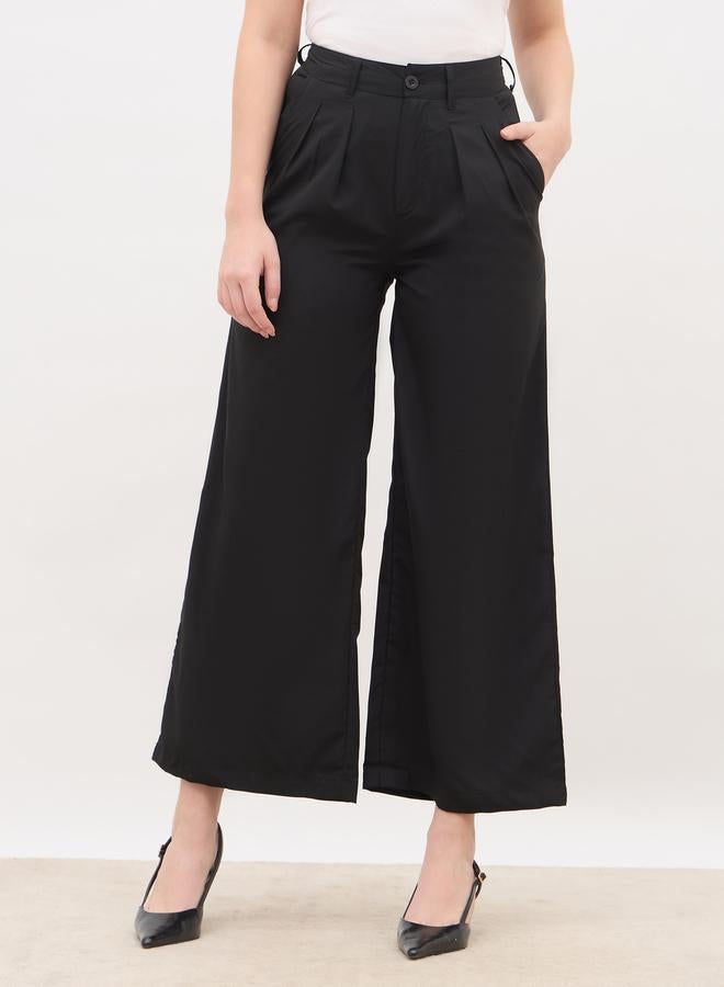 Styli Solid Pleated Tailored Flare Pants with Belt Loops - Image 2