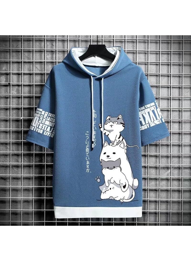 2022 Summer Mens Hooded Short Sleeve Sweatshirt Casual Solid Color Tee Dark gray  - Image 3