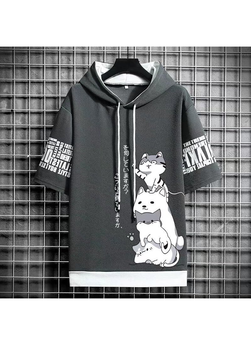 2022 Summer Mens Hooded Short Sleeve Sweatshirt Casual Solid Color Tee Dark gray  - Image 1