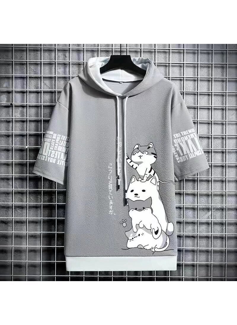2022 Summer Mens Hooded Short Sleeve Sweatshirt Casual Solid Color Tee Dark gray  - Image 2