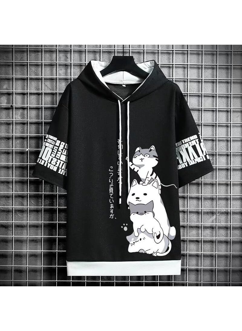 2022 Summer Mens Hooded Short Sleeve Sweatshirt Casual Solid Color Tee Dark gray  - Image 5