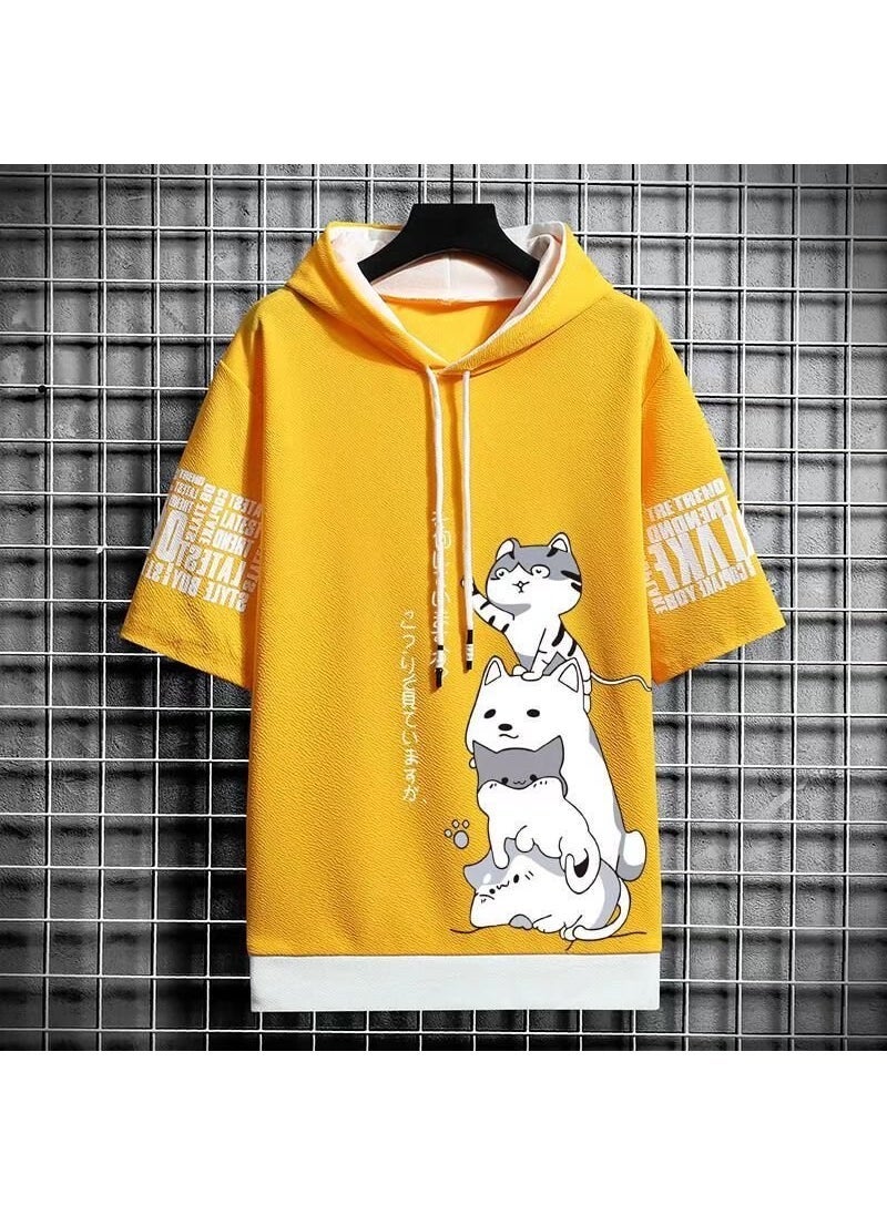 2022 Summer Mens Hooded Short Sleeve Sweatshirt Casual Solid Color Tee Dark gray  - Image 4