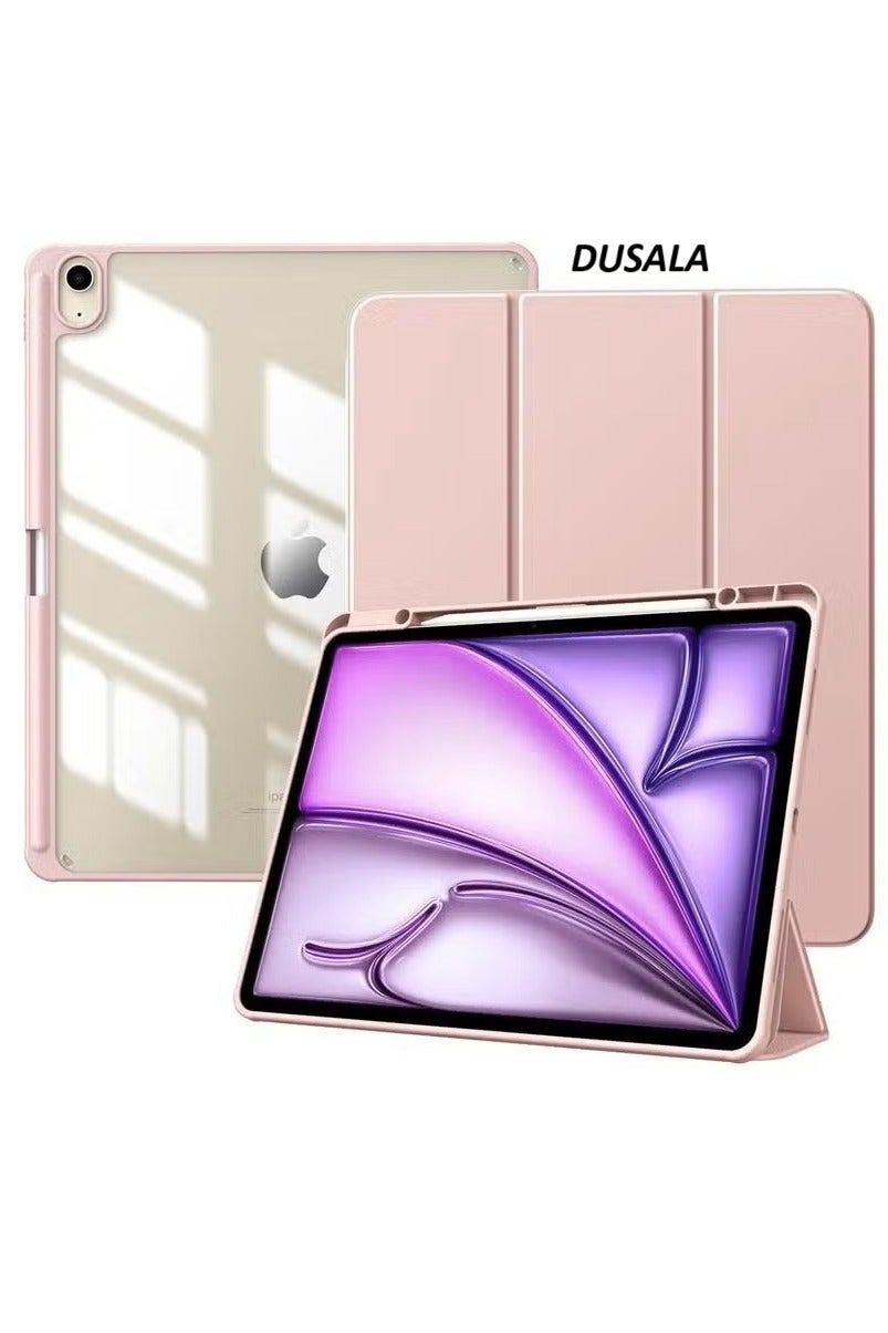 DUSALA Case for New iPad Air 13 Inch M3 M2 2025/2024 – Slim Protective Cover with Pencil Holder | Clear Transparent Back Shell + Auto Wake Sleep Magnetic Front | Lightweight Trifold Stand Case in Pink