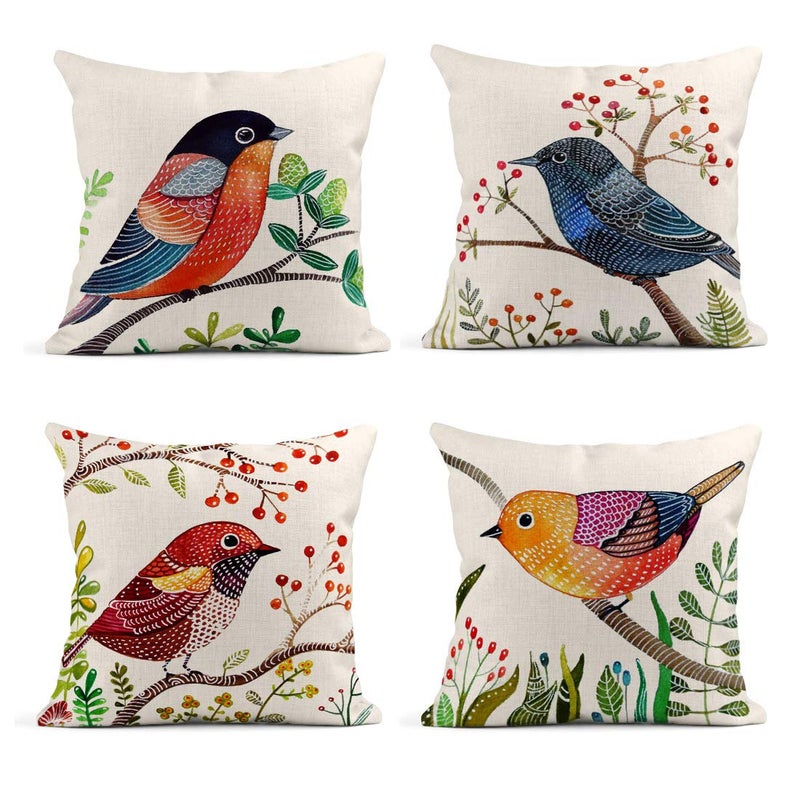Emvency Set of 4 Linen Throw Pillow Covers 18x18 Inches Home Decorative Cushion Colorful Spring Animal Red Bird with Flowers Pillow Cases Square Pillowcases for Outdoor Bed Sofa