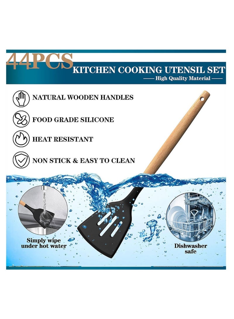 تي دي هوم مجموعة أدوات مطبخ سيليكون 44 قطعة مع حامل منظم، طقم ملاعق طهي مقاومة للحرارة من أميت شيف لأواني الطهي غير اللاصقة، بأيدي خشب طبيعي أسود. - Image 5