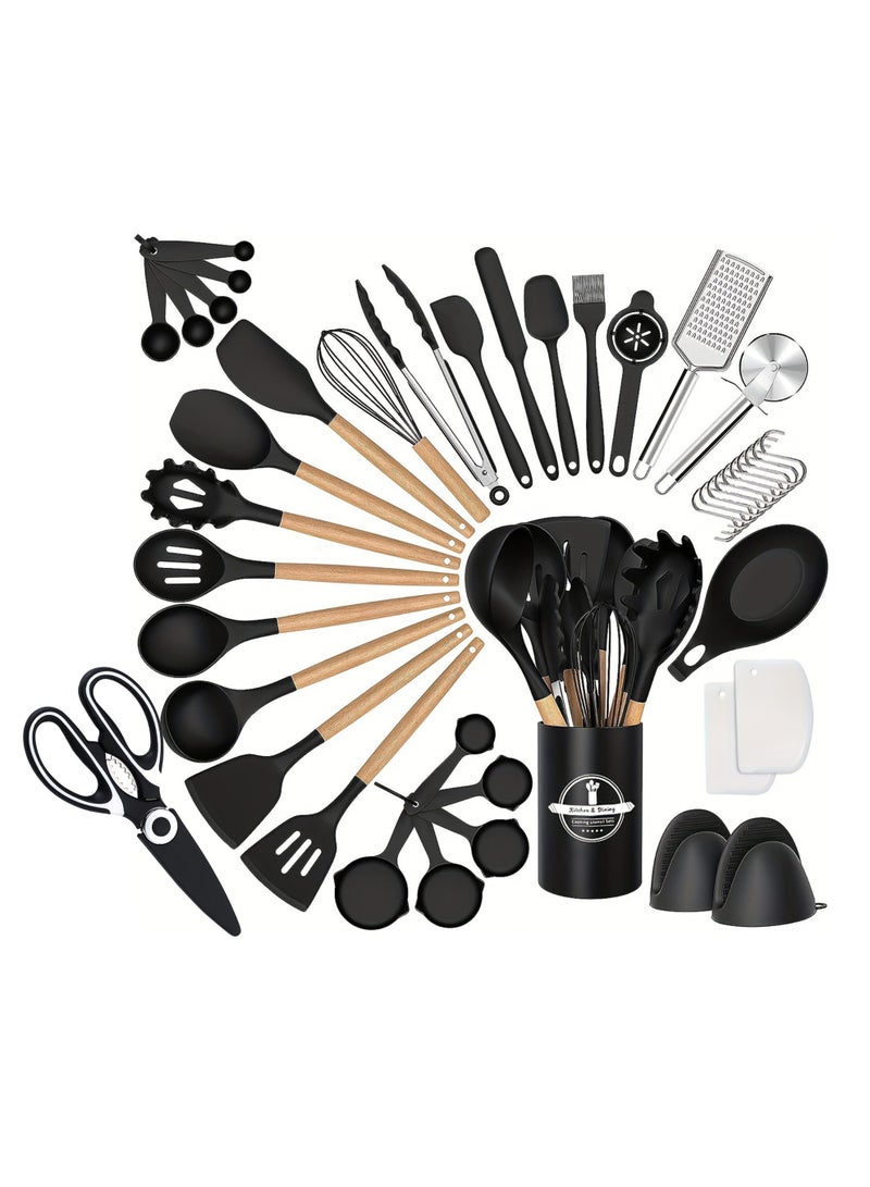 تي دي هوم مجموعة أدوات مطبخ سيليكون 44 قطعة مع حامل منظم، طقم ملاعق طهي مقاومة للحرارة من أميت شيف لأواني الطهي غير اللاصقة، بأيدي خشب طبيعي أسود. - Image 1