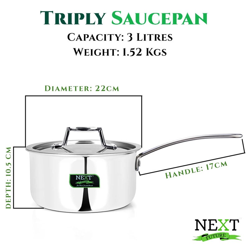 Next Future Next Future 5-Star Triply Stainless Steel Sauce Pan | 3L Milk Pan/Induction Pan with Lid | Dia: 22cm | Premium Induction Cookware Set | 2-Year Warranty | Heavy Bottom - Image 2