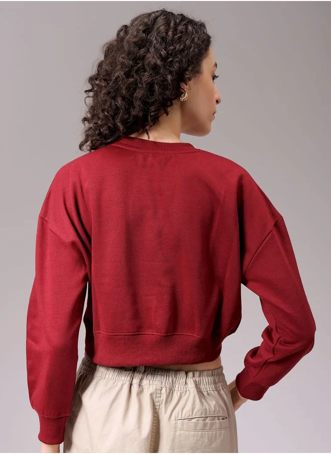 مرفوعة Women Loose Fit Solid Cropped Sweatshirt