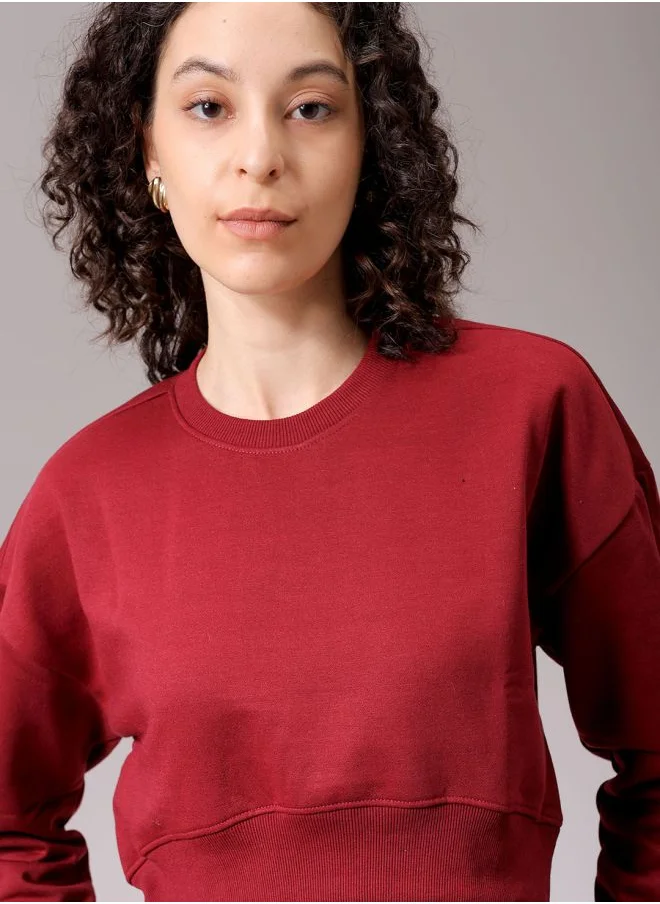 مرفوعة Women Loose Fit Solid Cropped Sweatshirt