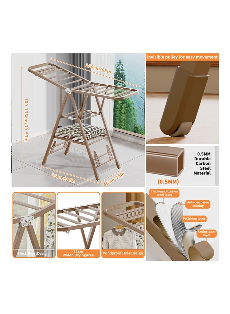 Yoawllty Adjustable Clothes Drying Stand, 3-Tier Foldable Clothes Drying Rack, Movable Steel Drying Rack for Indoor & Outdoor Use (Champagne Gold, 160cm) - Image 3