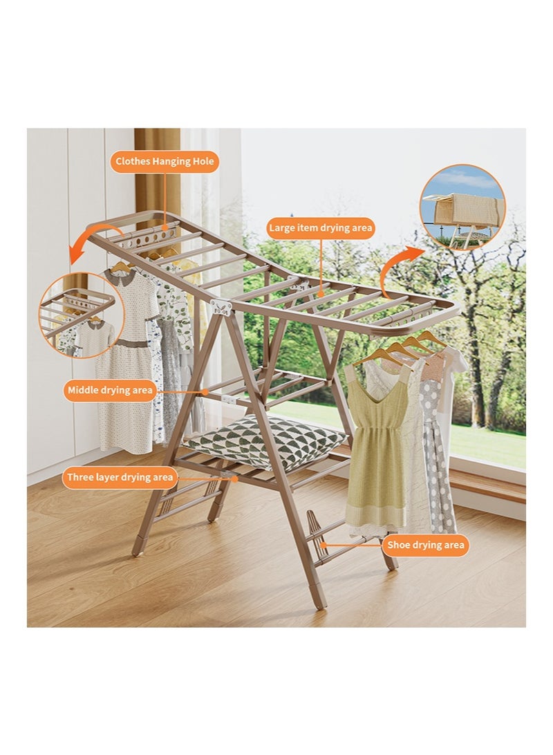 Yoawllty Adjustable Clothes Drying Stand, 3-Tier Foldable Clothes Drying Rack, Movable Steel Drying Rack for Indoor & Outdoor Use (Champagne Gold, 160cm) - Image 2