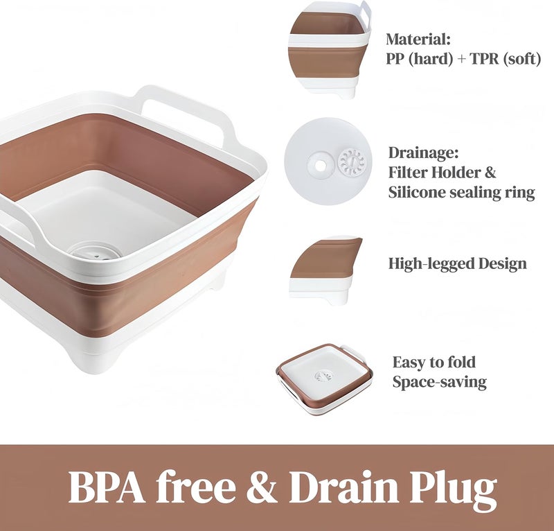 GIMWA Collapsible Wash Basin for Baby Bottles - 2.4 Gallons Portable Wash Bin for RV Camping Sink, Space-Saving Dish Tub (Mocha) - Image 4