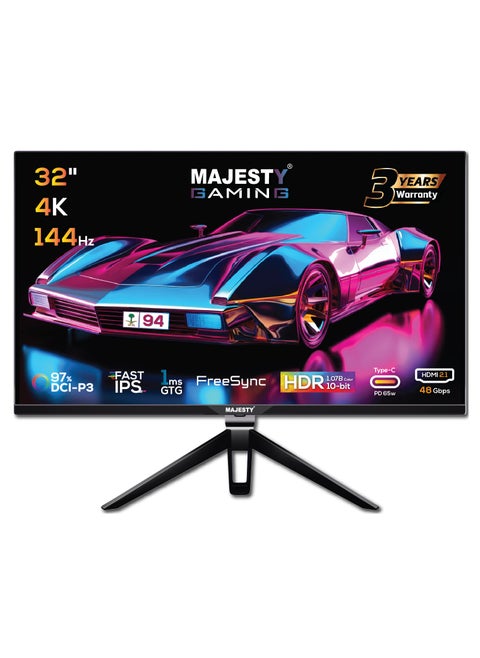 Majesty 32 Inch 4K UHD Gaming Monitor 3840x2160, IPS, 144Hz, 1ms GTG, HDR400, 1.07B Color, sRGB 100%, Free SYNC, DisplayPort, HDMI 2.1, VESA, USB-C 65W
