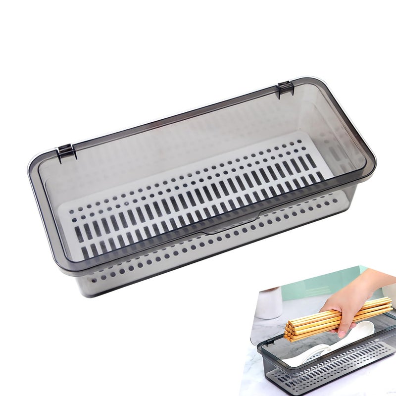 ICSTM Flatware Tray with Lid and Drainer,Silverware Tray Kitchen Dinnerware Holder and Utensil Storage Container for Flatware and Silverware (Grey) - Image 1