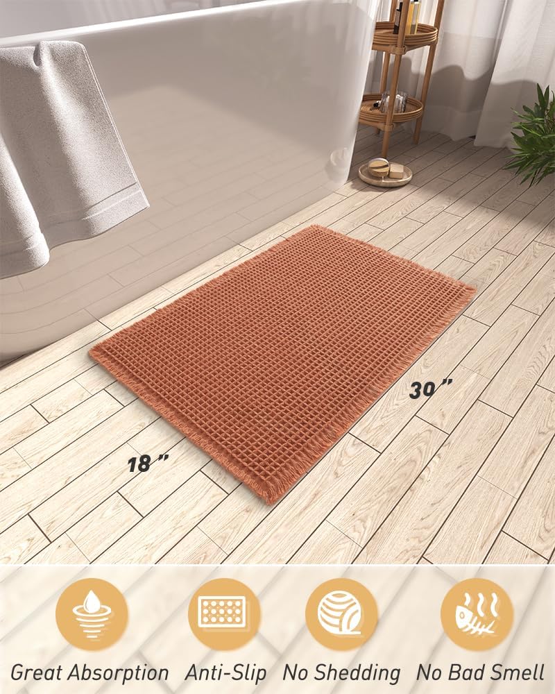 AMOAMI Upgraded Waffle Bath Mat, Super Absorbent Non Slip Bath Mats for Bathroom Floor, Machine Washable Bathroom Rugs with Tassels, Rubber Backed Bathroom Mats, Ultra Soft, 18" x 30", Dirty Orange - Image 2