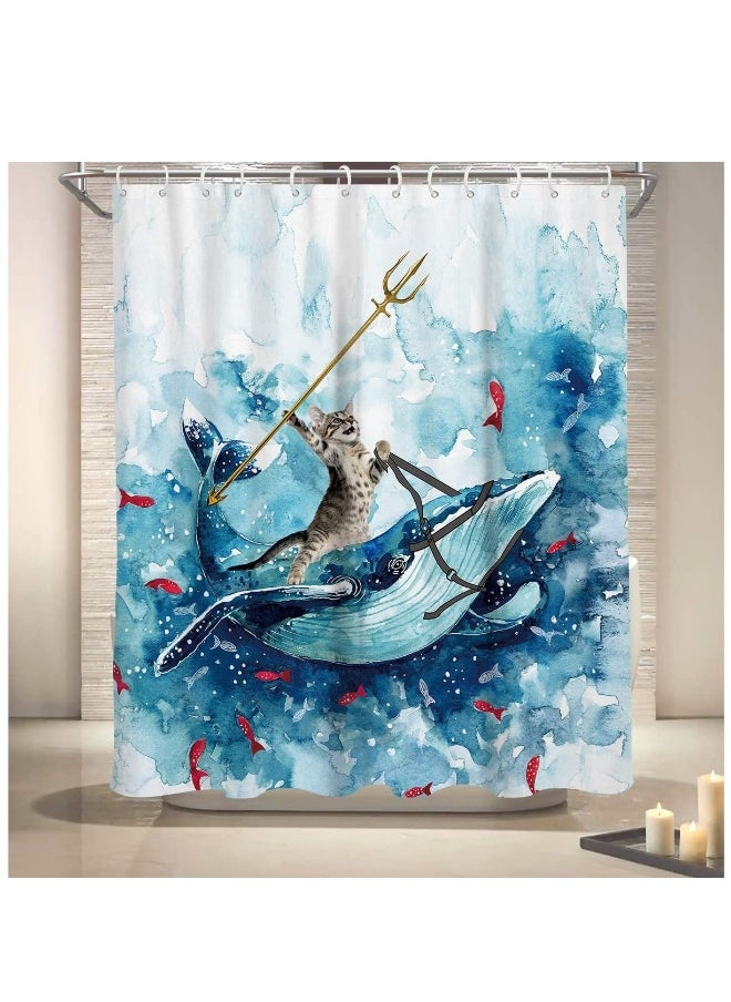 Generic - Funny Cat Shower Curtain, Riding Whale Ocean Cute Fun Cool Kids Anime Nautical Beach Theme Sea Wave Beach Fish Hilarious Bathroom 60 x 72 Inch Polyester Fabric Waterproof 12 Pack Hooks - Image 1