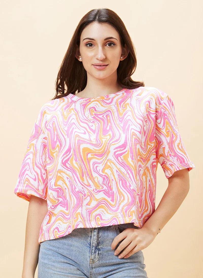 globus Globus Women Abstract Printed Pure Cotton Boxy T-Shirt