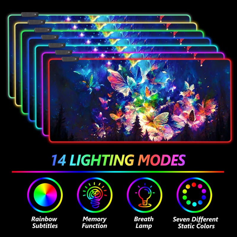 AIMSA RGB LED Gaming Mouse Pad, 14 Modes Glow Pad, Extra Large Gaming Mousepad, 35.4 x 15.8 inch Extended Big Waterproof Keyboard Mouse Pad Mat, Colorful Abstract Butterfly - Image 2