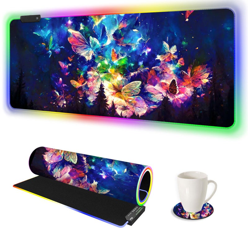 AIMSA RGB LED Gaming Mouse Pad, 14 Modes Glow Pad, Extra Large Gaming Mousepad, 35.4 x 15.8 inch Extended Big Waterproof Keyboard Mouse Pad Mat, Colorful Abstract Butterfly - Image 1
