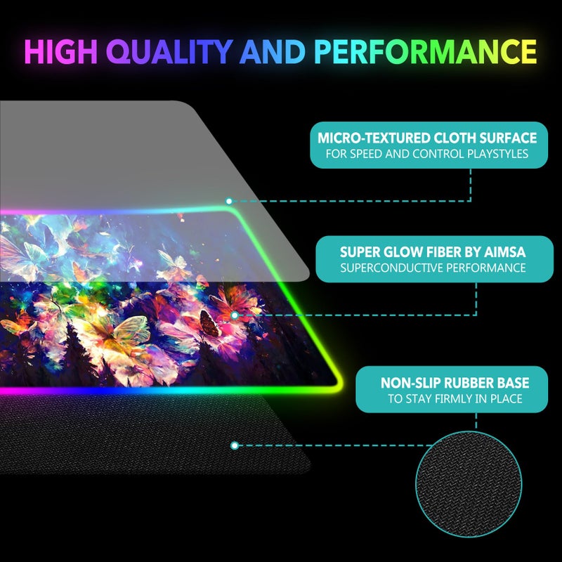 AIMSA RGB LED Gaming Mouse Pad, 14 Modes Glow Pad, Extra Large Gaming Mousepad, 35.4 x 15.8 inch Extended Big Waterproof Keyboard Mouse Pad Mat, Colorful Abstract Butterfly - Image 5